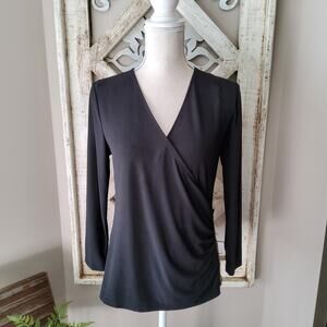 Nine West Black Faux Wrap Surplice Blouse Small Chain Detail Office Top